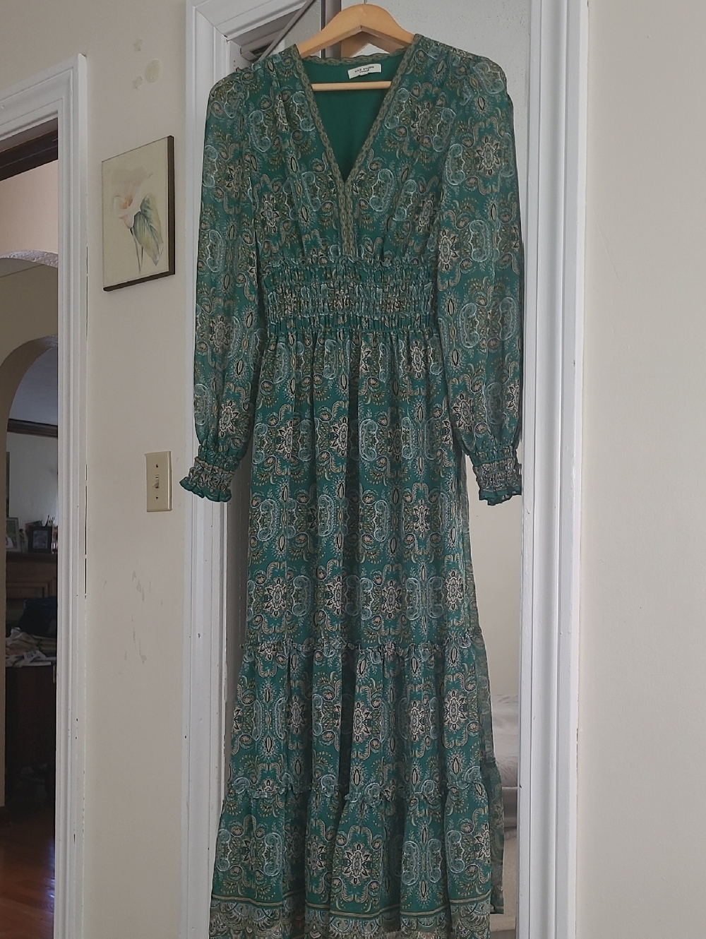 Max Studio Emerald Paisley V‑Neck Tiered Maxi Dress